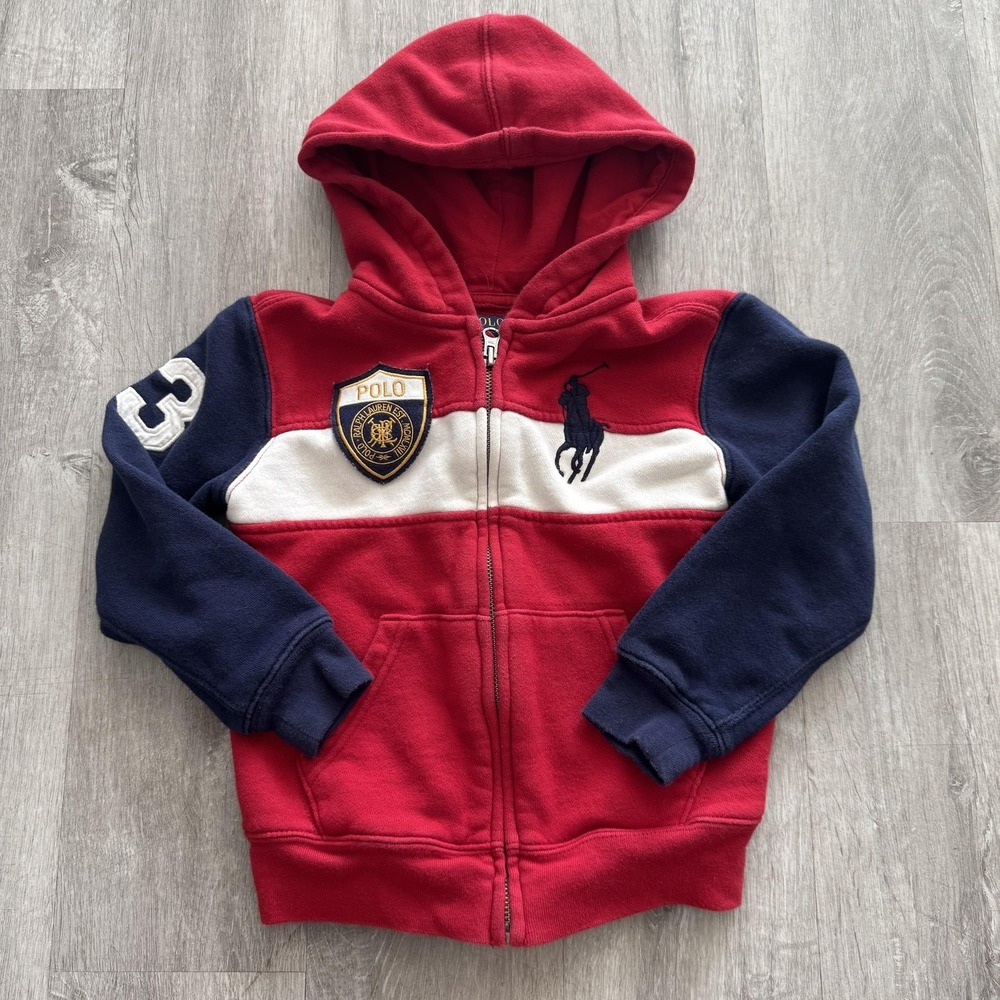 Polo Ralph Lauren Hoodie Boys 5 Red Navy Full Zip Fleece Big Pony Crest Patch 3 - Picture 1 of 6